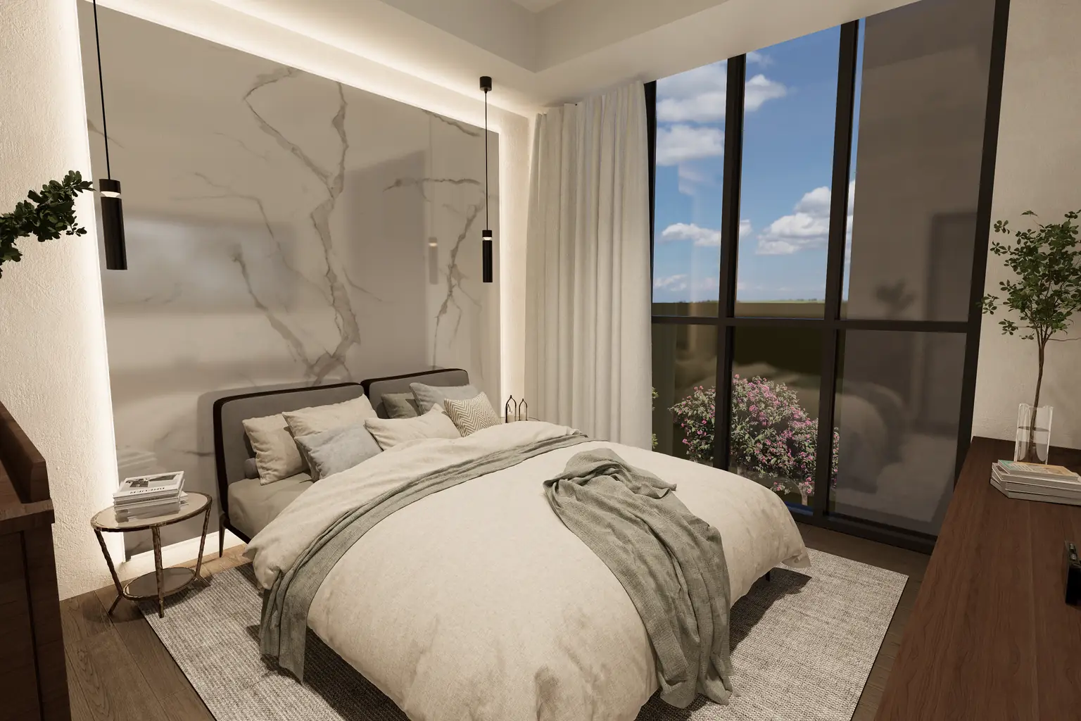 Bedroom with full-height glazing