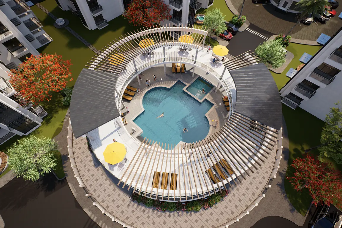 The circular pool pavilion seen from above